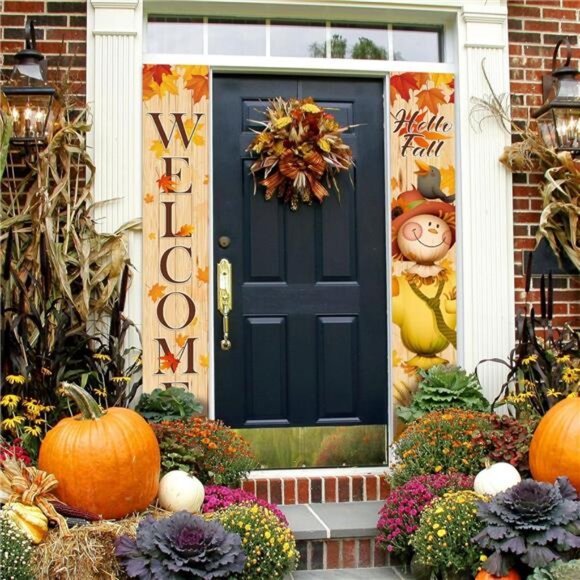 Fall Scarecrow Porch Banner Sign Welcome Fall Pumpkin Maple Leaf Banners Autumn - Picture 6 of 7
